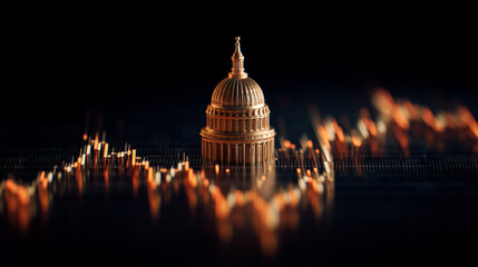 The US Capitol building stands tall amidst a dynamic graph of financial data at night