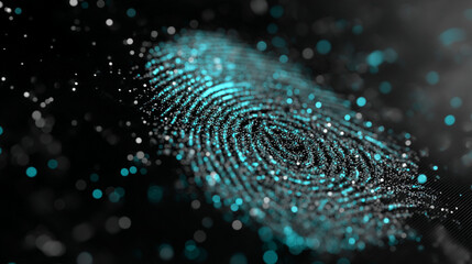 A futuristic fingerprint scan with glowing blue lines on a dark background