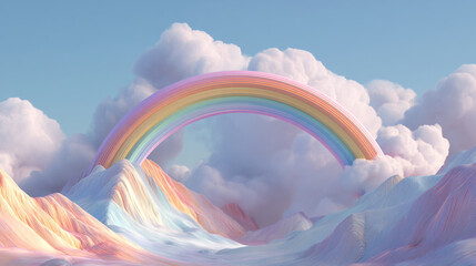 A vibrant rainbow arching over fluffy clouds and pastel mountains