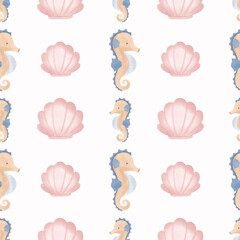 Seamless watercolor pattern with seahorse and pink seashell on light background. © Нина Романенко