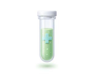 Test tube with green liquid and medical cross symbol laboratory analysis concept research and development in medicine scientific discovery 3d render