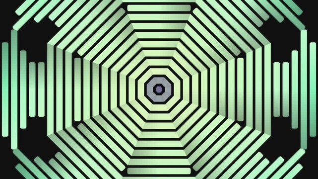 Hypnotic geometric octagon fractal expanding outwards with a subtle gradient of pale green and grey, creating a mesmerizing visual tunnel effect. Abstract
