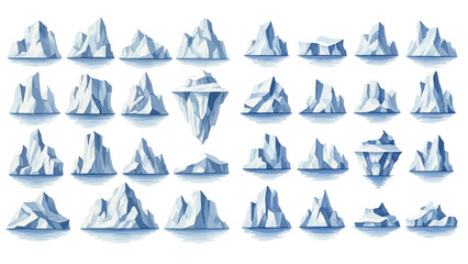 A charming watercolor collection of icy blue icebergs, featuring floating glacier formations, jagged frozen peaks, towering arctic ice structures, and serene polar seascape reflections in cool frosty  © liana