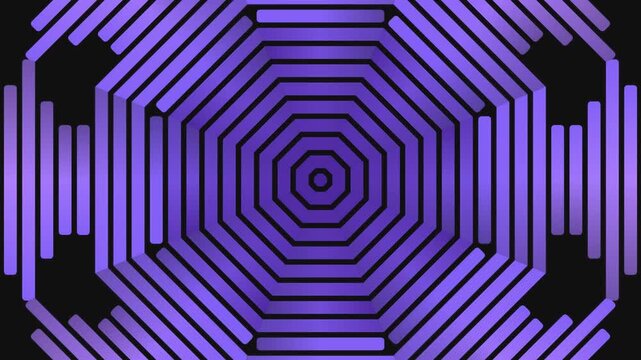 Hypnotic, radial, octagonal, geometric pattern with pulsing purple gradient, emanating from center, creating optical illusion effect, abstract digital art. Abstract