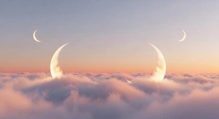 Solar eclipse sunrise over clouds with crescent moon silhouette and airplane flight path