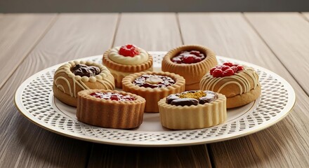 Assortment of gourmet mini desserts on decorative plate with raspberry topping