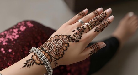 Indian bride henna mehndi design hands closeup traditional jewelry wedding ritual beauty