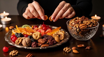 Hands serving assorted chocolates and nuts on elegant platter with candlelight ambiance