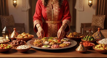 Middle Eastern woman serving traditional feast on wooden table with lanterns and rich decor