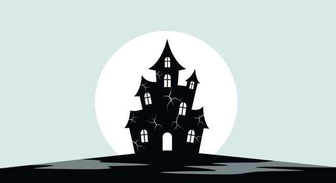 Haunted House Silhouette Against A Large Full Moon