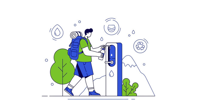 Hiker Refills Water Bottle At Sustainable Outdoor Dispenser