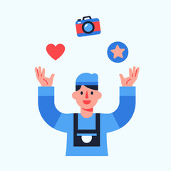 Cartoon Photographer with Floating Icons.