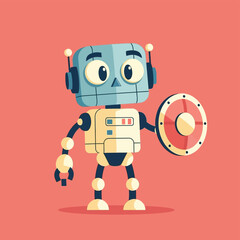Cartoon Robot with Shield and Headphones.