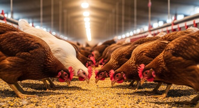 Free-range chickens eating feed in a modern poultry farm barn, close-up view