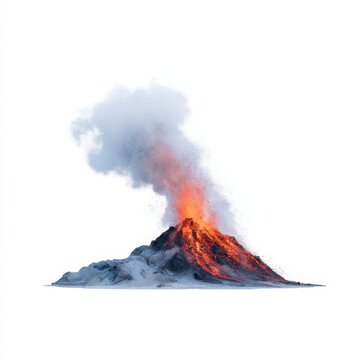 Erupting volcano with fiery lava and smoke against white background