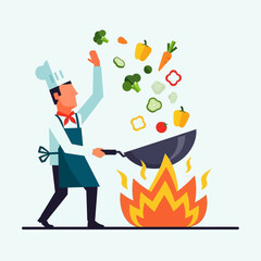 Chef Cooking Vegetables on Fire.