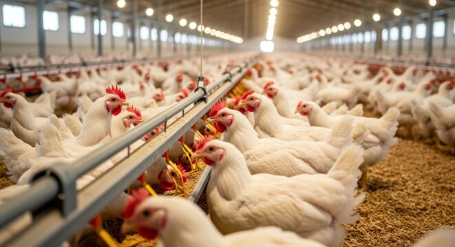 Intensive poultry farming: Rows of white chickens eating from feeders in a large barn