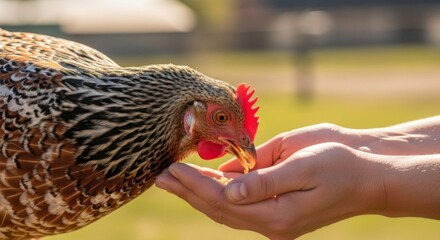Fototapeta premium Close-up of a hen eating seeds from a person's cupped hands outdoors