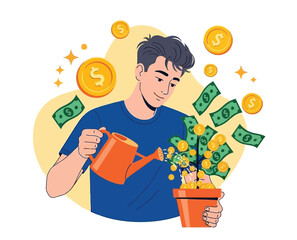Illustration of a person watering a pot with dollar bills and coins sprouting, symbolizing financial growth. The background is filled with floating money.
