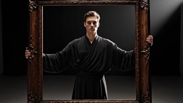 Figure presenting an empty frame. A figure advances through a dim environment holding an oversized empty frame, as if presenting something unseen.