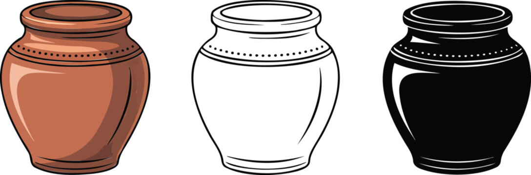Clay pot silhouette & Outline and illustration set isolated on transparent background