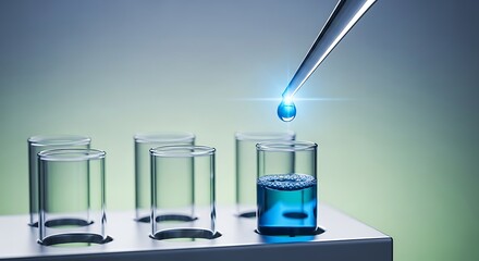 Close-up of a scientific experiment, pipette adding blue liquid to test tubes, detailed, research, laboratory