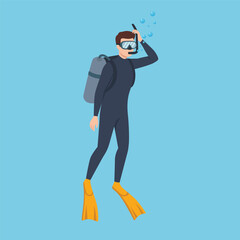 Scuba diver with oxygen tank and flippers underwater, representing diving activity. Flat vector illustration isolated on white background © lioputra