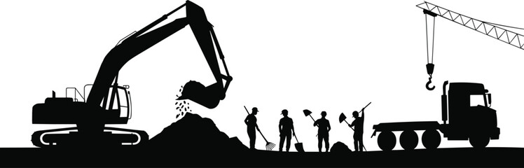 Vector, black, silhouette, illustration, of, a, construction, site, with, heavy, excavator, digging, soil, workers, with, shovels, a, truck, and, crane, for, industrial, engineering, design, elements © Abida
