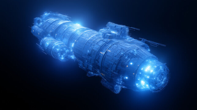 Futuristic spaceship with glowing blue lights flying in deep space