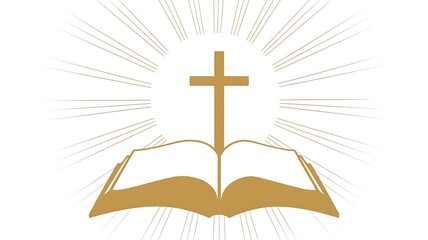 Christian Easter vector illustration, minimalist design, cross, open Bible, rays of light, white and gold color palette, flat vector style, clean lines, scalable design, suitable for print and templat