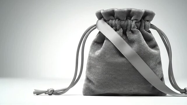 Gray fabric drawstring pouch with strap on white background for product display