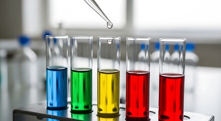 Scientific research, colorful liquids in test tubes and a pipette dropping fluid, laboratory setting, chemistry