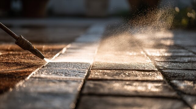 Water sprays from a pressure washer cleaning stone pavement in the evening light