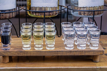 Glasses for finest spirits and liquors alcohol drinks on market stall