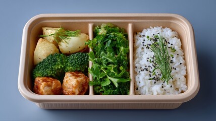 オフィスのデスクに置かれた箸付きの日本の弁当箱 - 明るくてきれいなトップダウンの構図