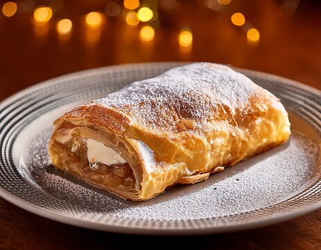 austrian topfenstrudel m cheese strudel with powdered sugar served warm on a porcelain plate
