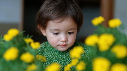 日本の幼児が、柔らかく暖かい光が差し込む伝統的な床の間の花瓶に鮮やかな季節の花を生けている。
