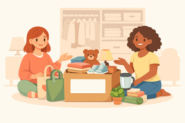 Obraz premium Women organizing clothes and household items in living room