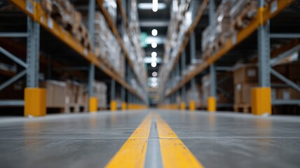 活気のある雰囲気の中で、新しく整列したラックとぼやけたフォークリフトを備えた日本の近代的な倉庫の通路