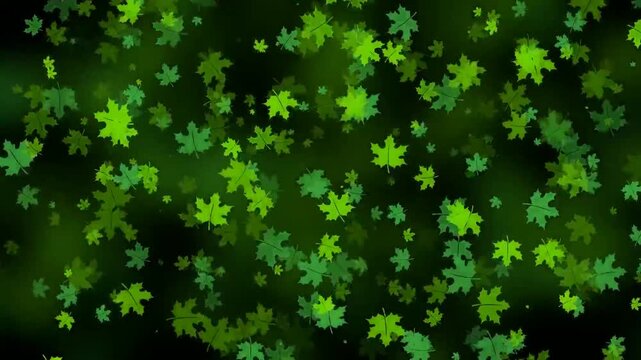 Vibrant green leaves falling against dark background