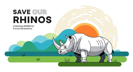 Rhino conservation concept with illustration of white rhino in natural habitat at sunset © Nadeem