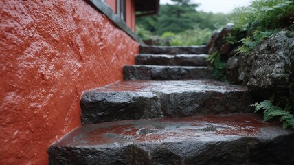鮮やかな濡れた反射ときれいな構図で日本の石段を強力に洗浄