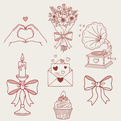 Valentine's Day doodles. Set of whimsical Valentines day element.