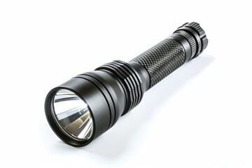 Tactical flashlight isolated on white background, representing emergency equipment, outdoor gear, professional lighting tools, safety accessories and durable product design