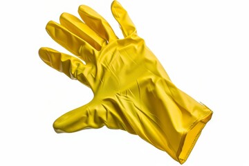 Yellow protective rubber glove isolated on white background, representing cleaning supplies, industrial safety equipment, hygiene protection and household maintenance tools