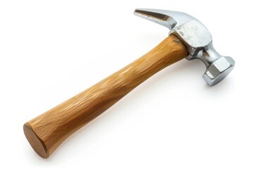 Steel claw hammer with wooden handle isolated on white background, professional hand tool for construction, carpentry and home improvement, clean studio packshot with copy space