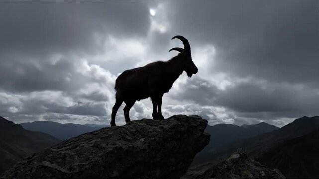 A wild horned ibex with thick brown fur stands majestically on a steep mountain rock amidst the alpine wildlife of the high peaks