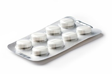 Blister pack with white tablets isolated on white background, pharmaceutical packaging mockup for medicine, healthcare products, dosage concepts and medical advertising use