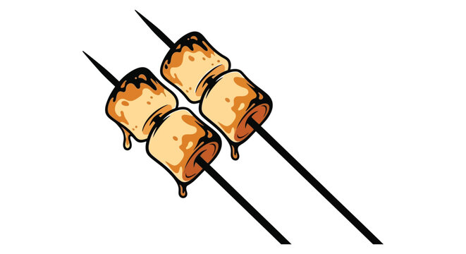 A colorful illustration depicts two skewers with marshmallows roasting over a flame showing golden brown char high quality professional