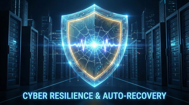 Cyber Resilience and Auto-Recovery Concept Featuring Glowing Shield in Server Data Center
